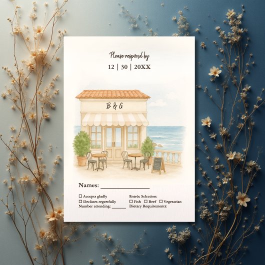 watercolor coastal mediterranean ocean wedding  出欠カード
