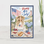 Watercolor Coastal Patriotic Happy 4th of July カード (正面)