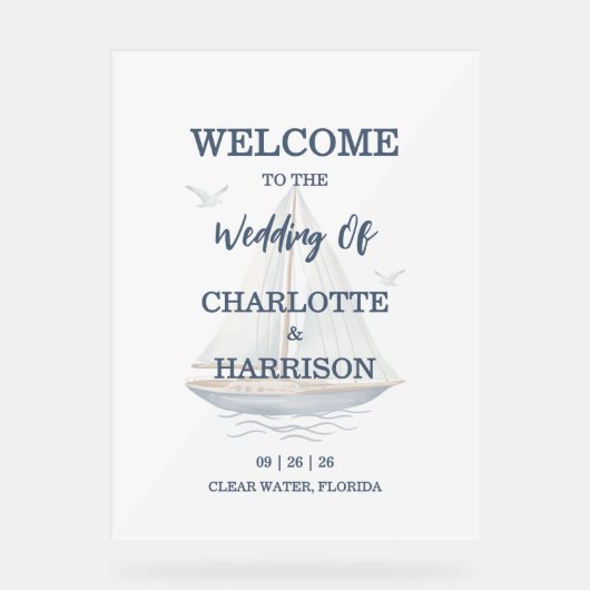 Watercolor Coastal Seascape Wedding アクリルサイン (正面)