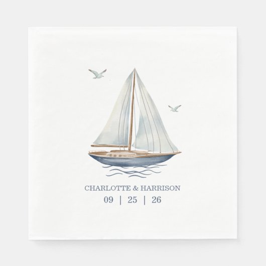 Watercolor Coastal Seascape Wedding スタンダードランチョンナプキン (正面)