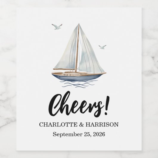 Watercolor Coastal Seascape Wedding ワインラベル (シングルラベル)