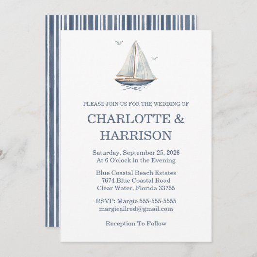 Watercolor Coastal Seascape Wedding 招待状 (正面/裏面)