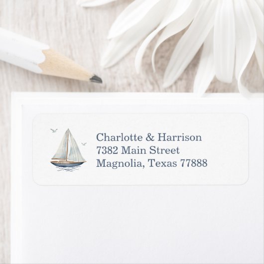 Watercolor Coastal Seascape Wedding Address ラベル (インサイチュ)