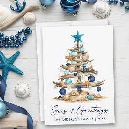 Watercolor Coastal Tree Seas and Greetings Beach シーズンカード