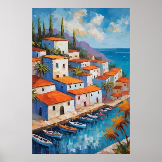 Watercolor Coastal Village  sailboat   ポスター (正面)