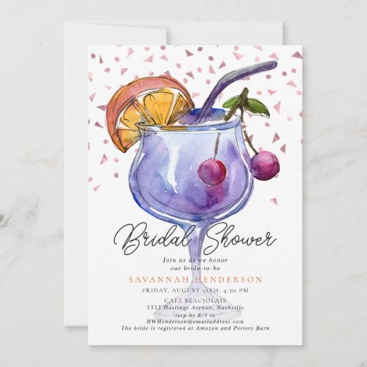  Watercolor Cocktail Confetti Bridal Shower  招待状 (正面)