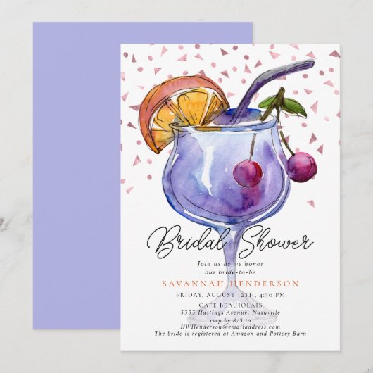  Watercolor Cocktail Confetti Bridal Shower  招待状 (正面/裏面)