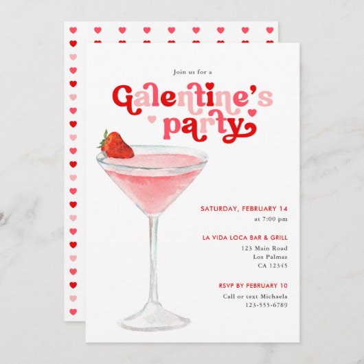 Watercolor Cocktail Retro Galentine's Day Party 招待状 (正面/裏面)