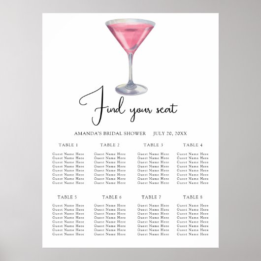 Watercolor Cocktail Wedding seating chart ポスター (正面)