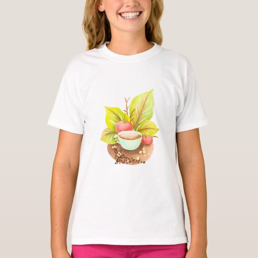 Watercolor Coffee Cup with Leaves and Beans Art Tシャツ (正面)