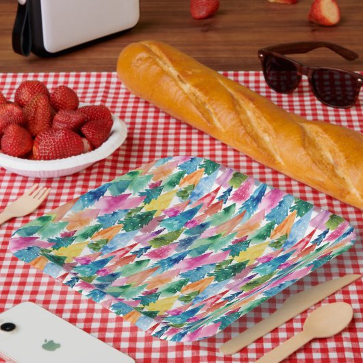 Watercolor Colorful Bright Rainbow Christmas Trees ペーパープレート (ピクニック)