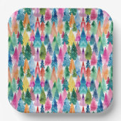 Watercolor Colorful Bright Rainbow Christmas Trees ペーパープレート (正面)