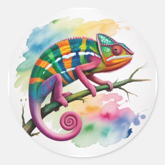 Watercolor Colorful Chameleon Birthday Party ラウンドシール (正面)