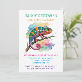 Watercolor Colorful Chameleon Birthday Party 招待状