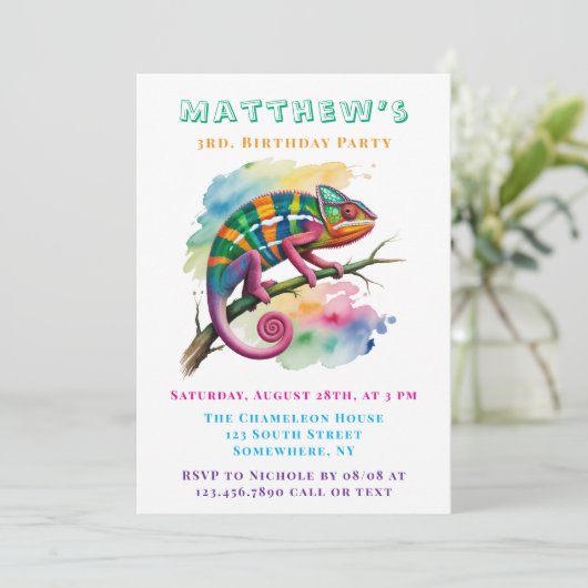 Watercolor Colorful Chameleon Birthday Party 招待状 (スタンド正面)