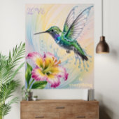 Watercolor Colorful Hummingbird and Flower ポスター