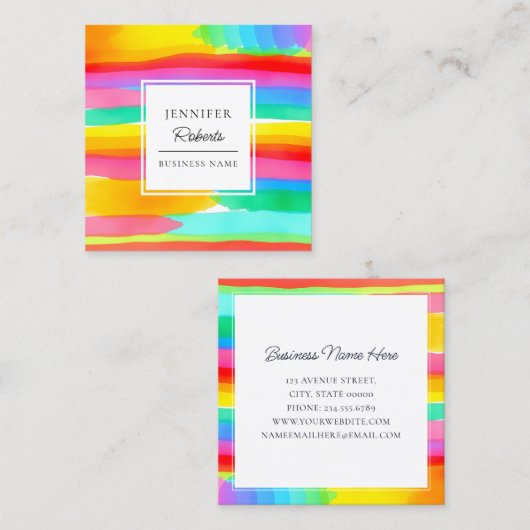 Watercolor Colorful Rainbow Stripes Pattern スクエア名刺 (正面/裏面)