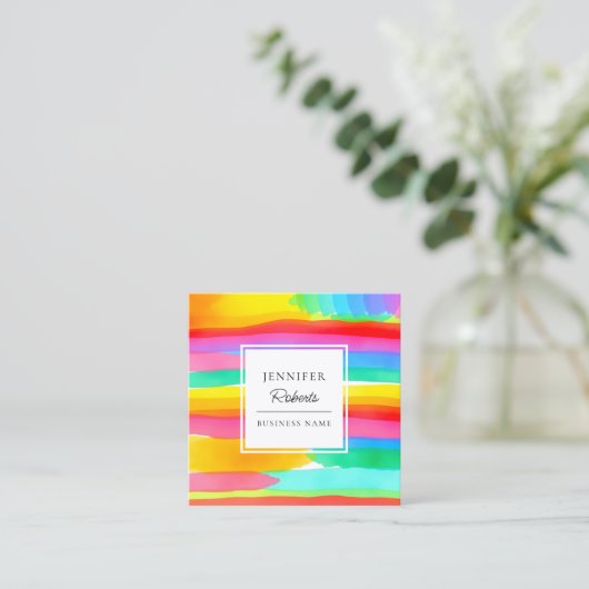 Watercolor Colorful Rainbow Stripes Pattern スクエア名刺 (スタンド正面)
