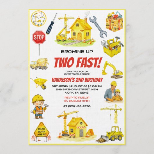 Watercolor Construction 2nd Birthday Party  招待状 (正面)