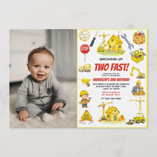 Watercolor Construction 2nd Birthday Party  招待状 (正面)