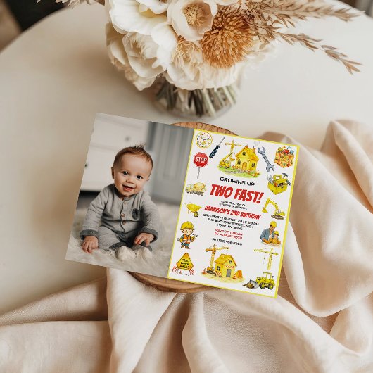 Watercolor Construction 2nd Birthday Party  招待状