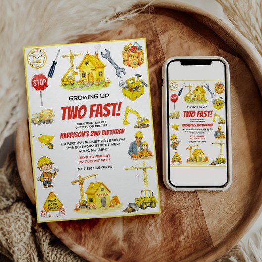 Watercolor Construction 2nd Birthday Party  招待状