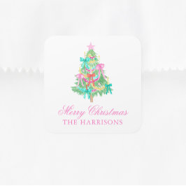 Watercolor Coquette Bow Christmas Tree スクエアシール