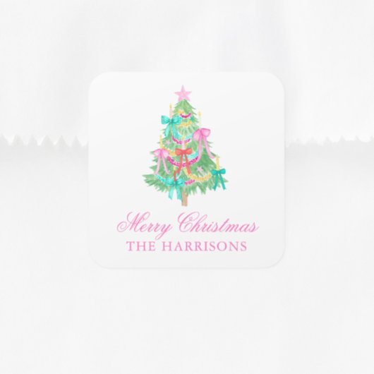 Watercolor Coquette Bow Christmas Tree スクエアシール