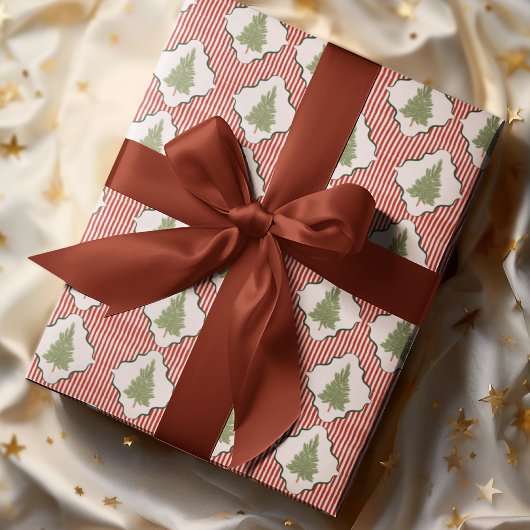 Watercolor Coquette Christmas Tree Striped Pattern ラッピングペーパー