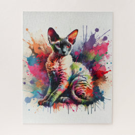 Watercolor Cornish Rex Cat Colorful Portrait ジグソーパズル
