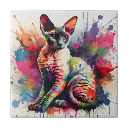 Watercolor Cornish Rex Cat Colorful Portrait タイル