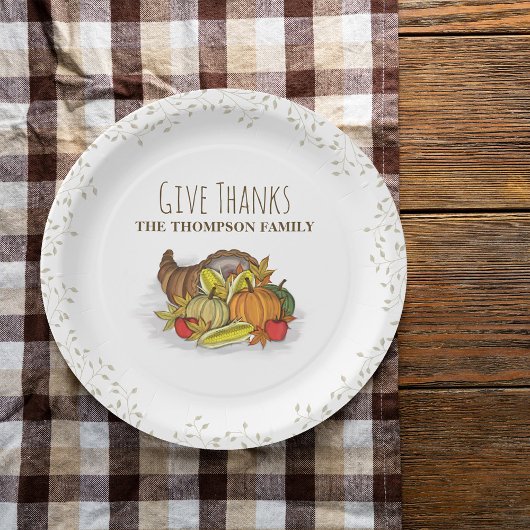 Watercolor Cornucopia Custom Thanksgiving ペーパープレート