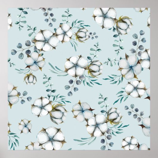 Watercolor Cotton Flowers and Eucalyptus ポスター (正面)