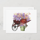 Watercolor Country Wagon, Watering Can & Flowers ポストカード (正面/裏面)