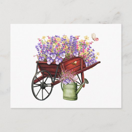 Watercolor Country Wagon, Watering Can & Flowers ポストカード (正面)
