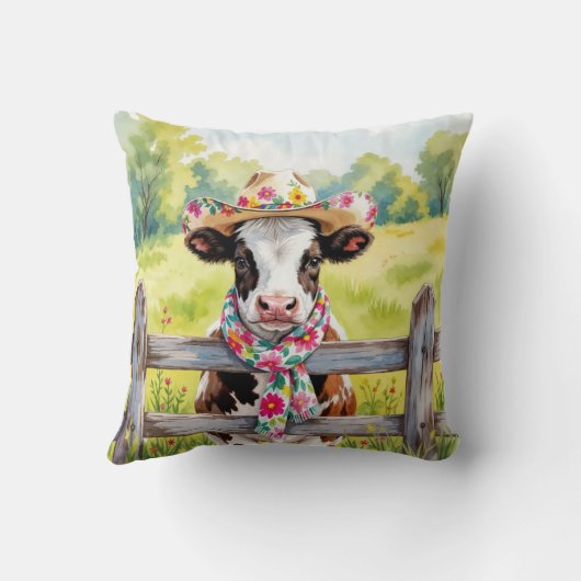 Watercolor Cow Wearing a Summer Hat クッション (裏面)