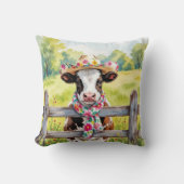 Watercolor Cow Wearing a Summer Hat クッション (正面)
