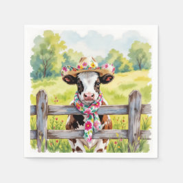 Watercolor Cow Wearing a Summer Hat スタンダードカクテルナプキン