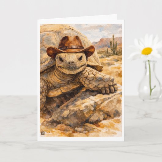 Watercolor Cowboy Turtle in the desert カード (小さな植物)