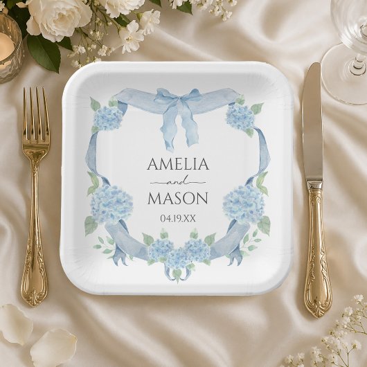 Watercolor Crest Blue Hydrangea Wedding ペーパープレート