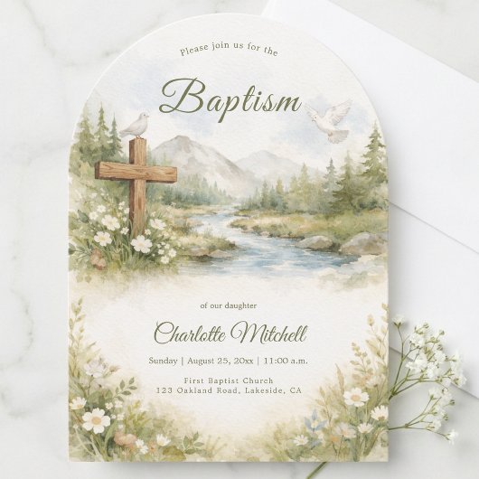 Watercolor Cross Minimalist Baptism Invitation 招待状