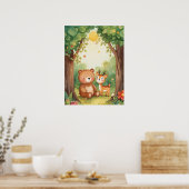 Watercolor Cute Bear & Deer Woodland Nursery Art ポスター (キッチン)