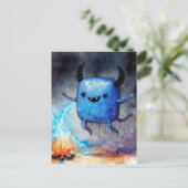 Watercolor Cute Blue Monster and a Campfire ポストカード (スタンド正面)