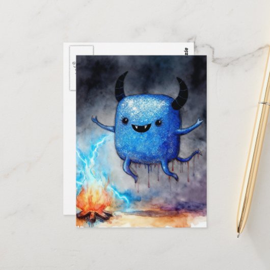 Watercolor Cute Blue Monster and a Campfire ポストカード (正面/裏面インサイチュ)
