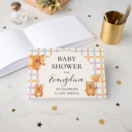 Watercolor Cute Capy Capybara Baby Shower ゲストブック (正面見開き)