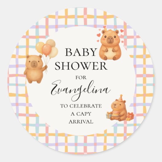 Watercolor Cute Capy Capybara Baby Shower ラウンドシール (正面)