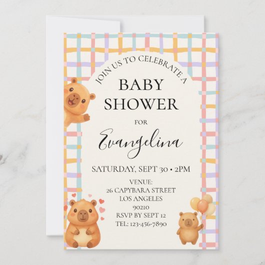 Watercolor Cute Capy Capybara Baby Shower 招待状 (正面)