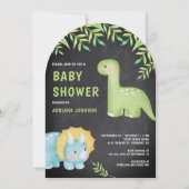 Watercolor Cute Dinosaur Chalkboard Baby Shower 招待状 (正面)
