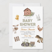 Watercolor Cute Farm Animals Barnyard Baby Shower 招待状 (正面)