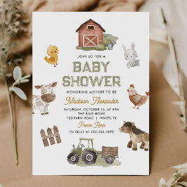 Watercolor Cute Farm Animals Barnyard Baby Shower 招待状
